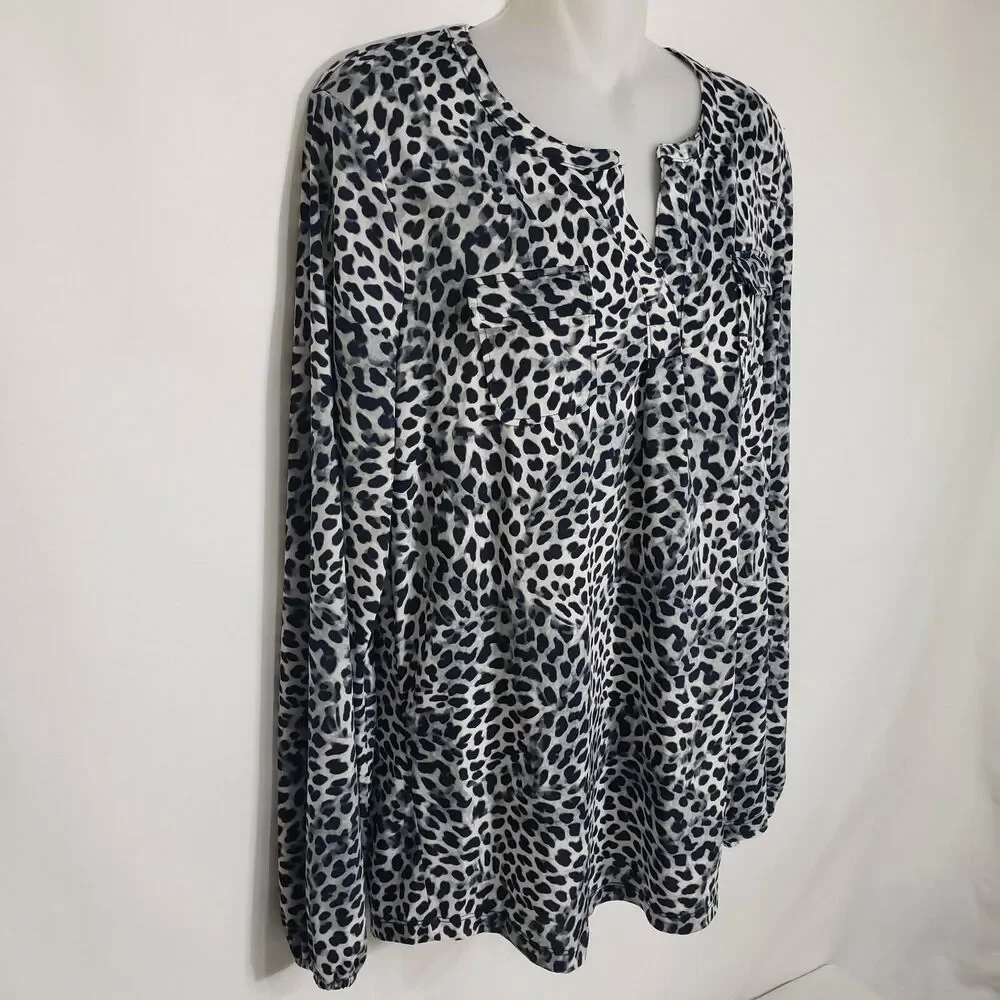 Jones New York Sport Womens Tunic Top Large Animal Print Pockets Split V Neck